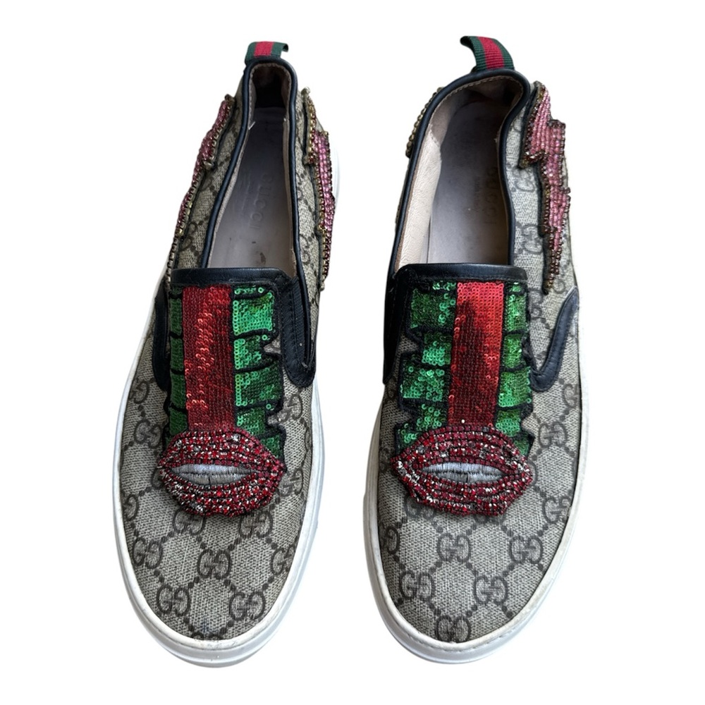 Gucci Dublin Sequin Lips Slip-On Codul 428751 Women’s Beige GG sneakers 39